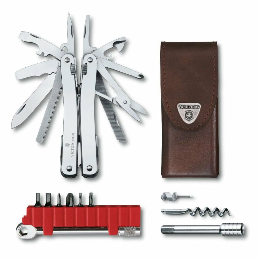 Swiss Army Knives By Victorinox At Swiss Knife Shop * | Crazy Deals Victorinox Swisstool Spirit Plus Ratchet Pointed Multi-Tool With Leather Box Sheath